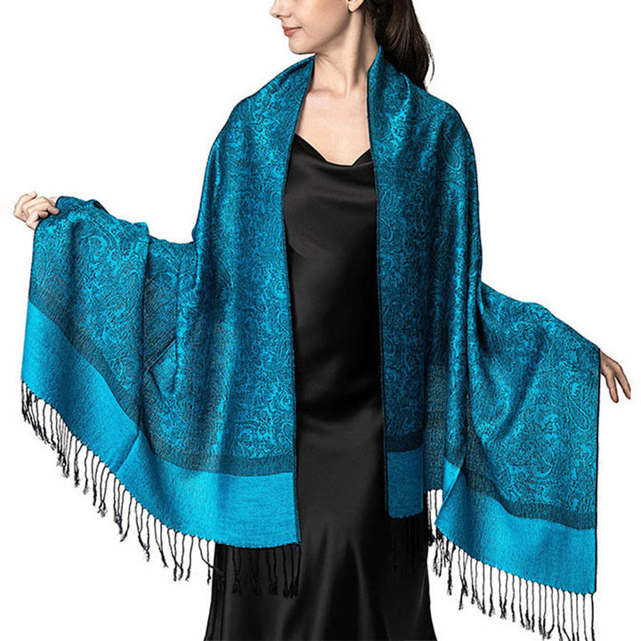 Sciarpa/stola con nappe in jacquard di anacardi tibetani e Buddha Stones, calda e accogliente, ideale per primavera, autunno e inverno. - DodgerBlue 180*70cm - image 9