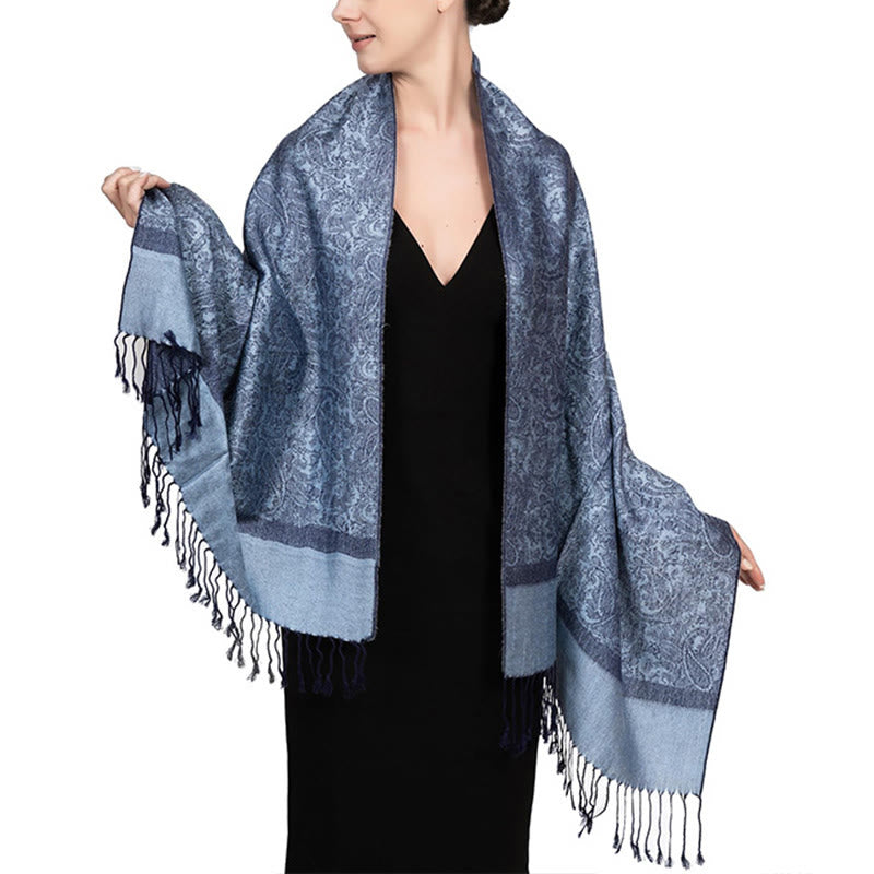 Sciarpa/stola con nappe in jacquard di anacardi tibetani e Buddha Stones, calda e accogliente, ideale per primavera, autunno e inverno. - Fiordaliso Blu 180*70cm - image 10