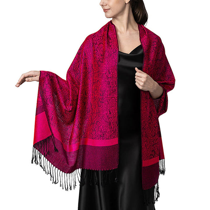 Sciarpa/stola con nappe in jacquard di anacardi tibetani e Buddha Stones, calda e accogliente, ideale per primavera, autunno e inverno. - Rosa intenso 180*70 cm - image 14
