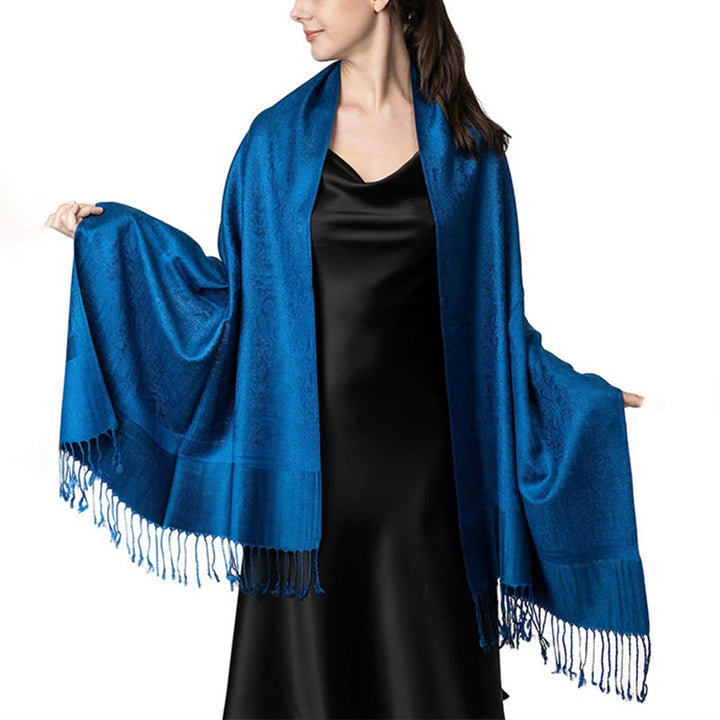 Sciarpa/stola con nappe in jacquard di anacardi tibetani e Buddha Stones, calda e accogliente, ideale per primavera, autunno e inverno. - Blu medio 180*70cm - image 19