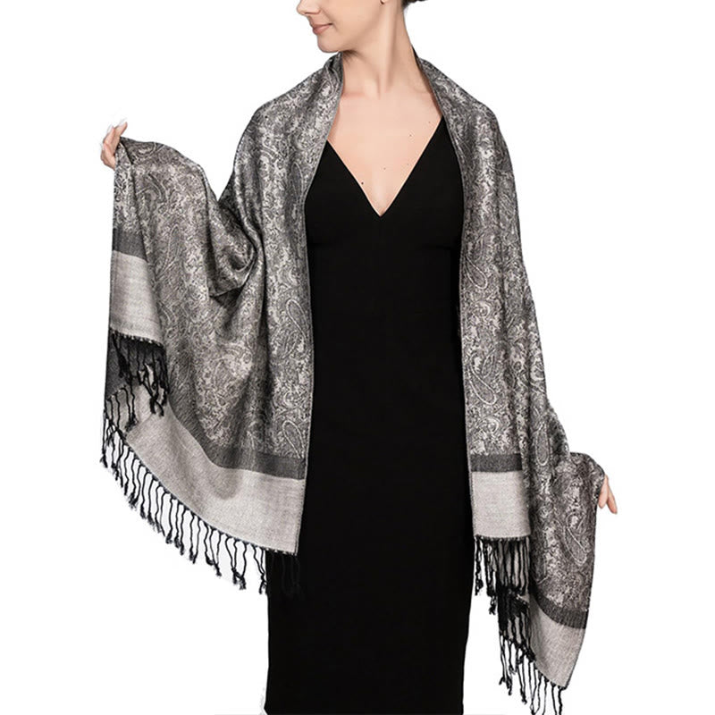 Sciarpa/stola con nappe in jacquard di anacardi tibetani e Buddha Stones, calda e accogliente, ideale per primavera, autunno e inverno. - Argento 180*70cm - image 21