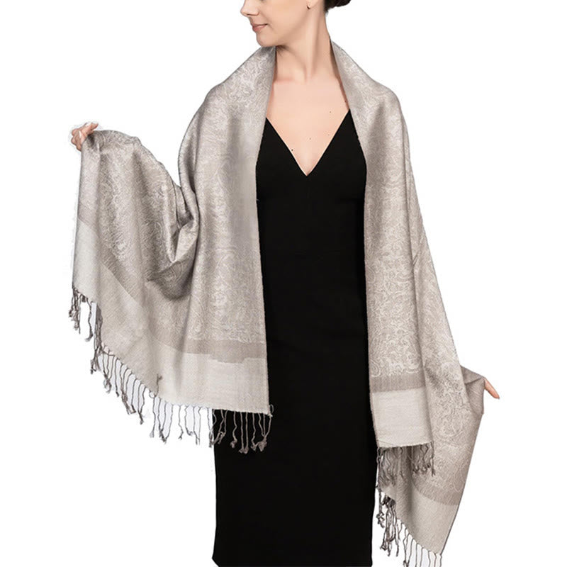 Scialle con nappe in jacquard di anacardi tibetani e Buddha Stones, primavera, autunno, inverno, caldo e accogliente, sciarpa avvolgente - Bianco antico 180*70cm - image 30