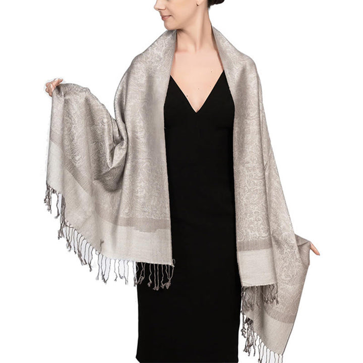Sciarpa/stola con nappe in jacquard di anacardi tibetani e Buddha Stones, calda e accogliente, ideale per primavera, autunno e inverno. - Bianco antico 180*70cm - image 30