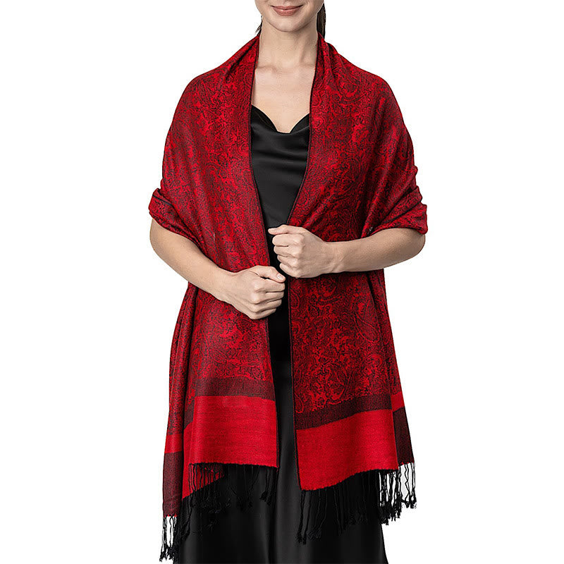 Sciarpa/stola con nappe in jacquard di anacardi tibetani e Buddha Stones, calda e accogliente, ideale per primavera, autunno e inverno. - Rosso 180*70cm - image 24