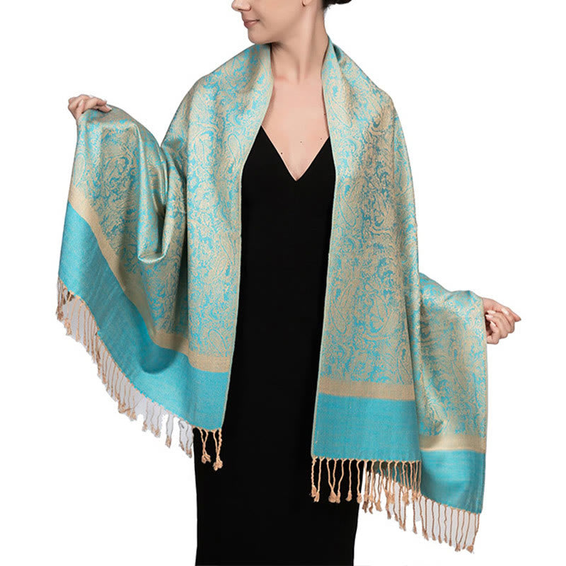 Sciarpa/stola con nappe in jacquard di anacardi tibetani e Buddha Stones, calda e accogliente, ideale per primavera, autunno e inverno. - Turchese 180*70cm - image 31