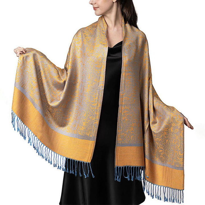 Sciarpa/stola con nappe in jacquard di anacardi tibetani e Buddha Stones, calda e accogliente, ideale per primavera, autunno e inverno. - Oro 180*70cm - image 32