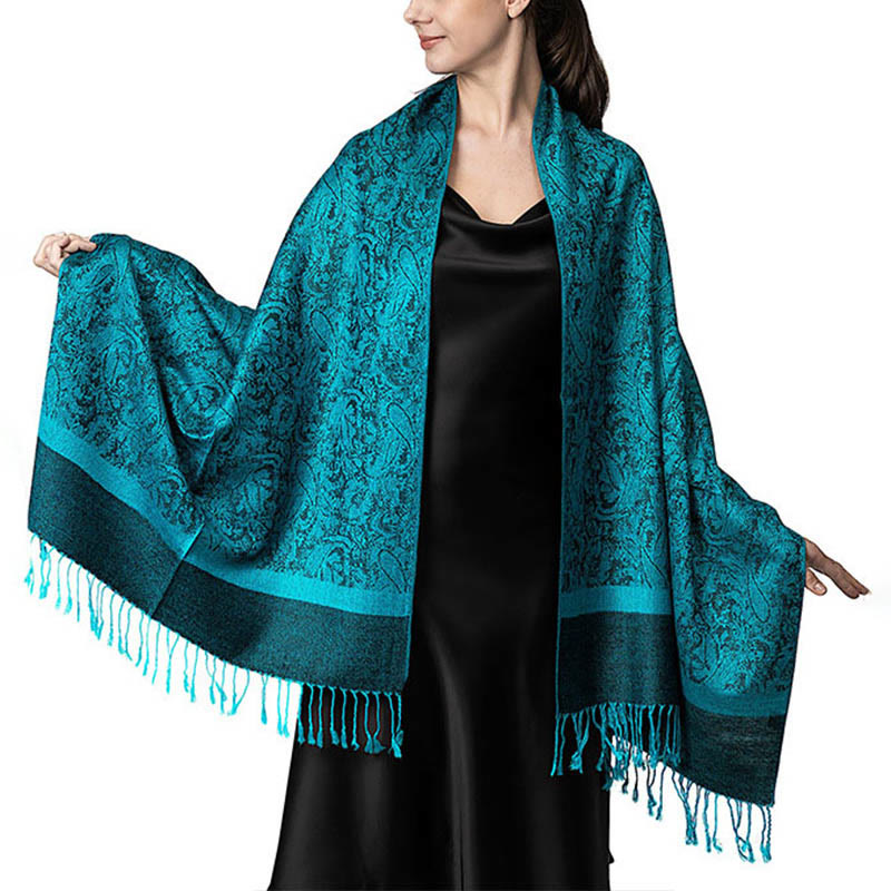 Sciarpa/stola con nappe in jacquard di anacardi tibetani e Buddha Stones, calda e accogliente, ideale per primavera, autunno e inverno. - Ciano scuro 180*70cm - image 37