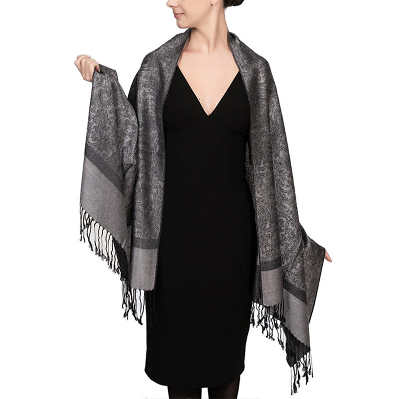 Sciarpa/stola con nappe in jacquard di anacardi tibetani e Buddha Stones, calda e accogliente, ideale per primavera, autunno e inverno. - Grigio 180*70 cm - image 39