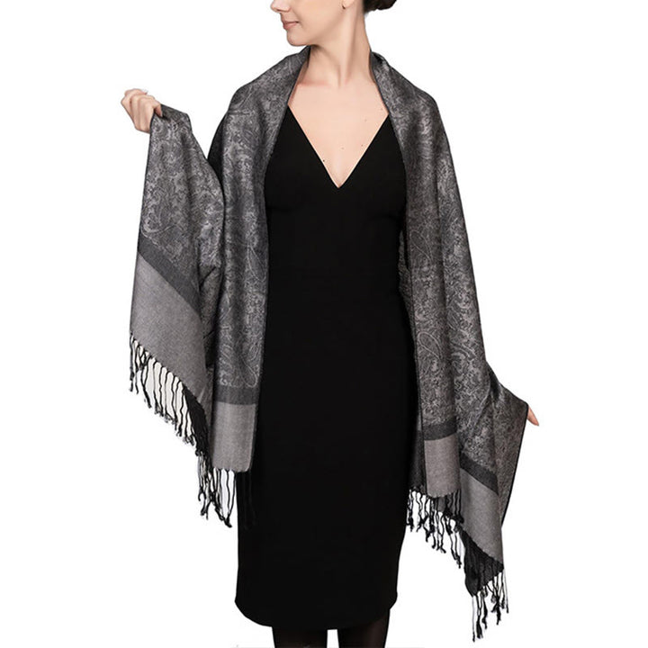 Sciarpa/stola con nappe in jacquard di anacardi tibetani e Buddha Stones, calda e accogliente, ideale per primavera, autunno e inverno. - Grigio 180*70 cm - image 39