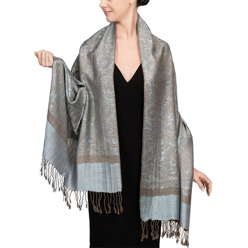 Sciarpa/stola con nappe in jacquard di anacardi tibetani e Buddha Stones, calda e accogliente, ideale per primavera, autunno e inverno. - Grigio acciaio chiaro, blu, 180*70 cm - image 41