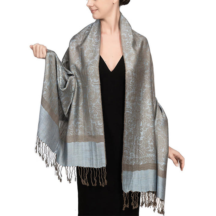 Sciarpa/stola con nappe in jacquard di anacardi tibetani e Buddha Stones, calda e accogliente, ideale per primavera, autunno e inverno. - Grigio acciaio chiaro, blu, 180*70 cm - image 41