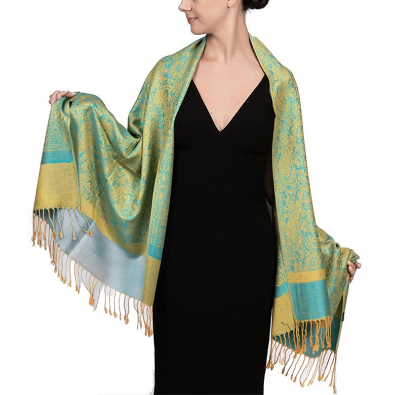 Sciarpa/stola con nappe in jacquard di anacardi tibetani e Buddha Stones, calda e accogliente, ideale per primavera, autunno e inverno. - Verde pallido 180*70cm - image 44