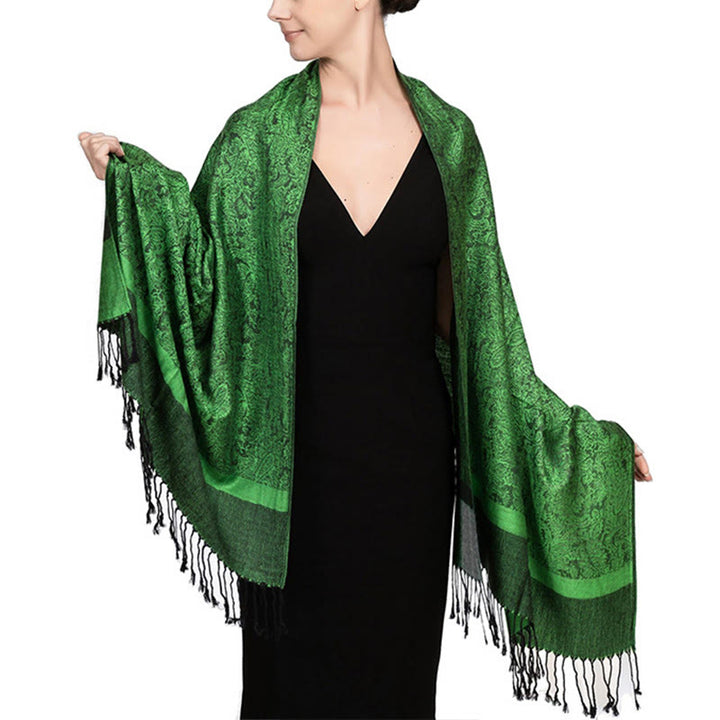 Sciarpa/stola con nappe in jacquard di anacardi tibetani e Buddha Stones, calda e accogliente, ideale per primavera, autunno e inverno. - Verde foresta 180*70 cm - image 45