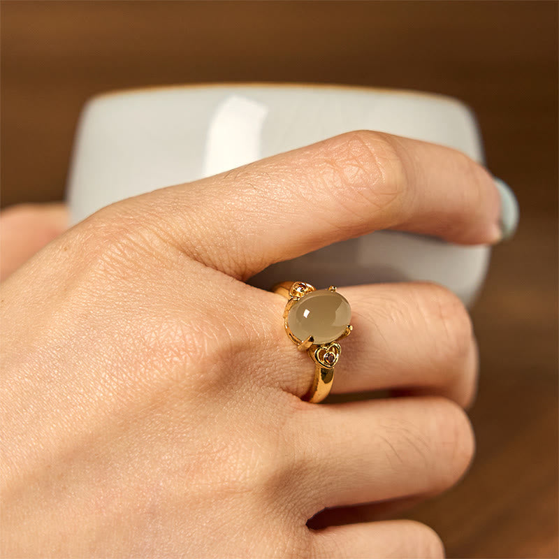 Buddha Stones Naturale Hetian Giada Uovo Cuore Rame Fortuna Anello Aperto - image 2