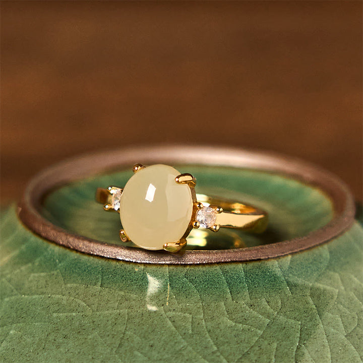 Anello di prosperità in rame con zirconia naturale in giada Hetian Buddha Stones