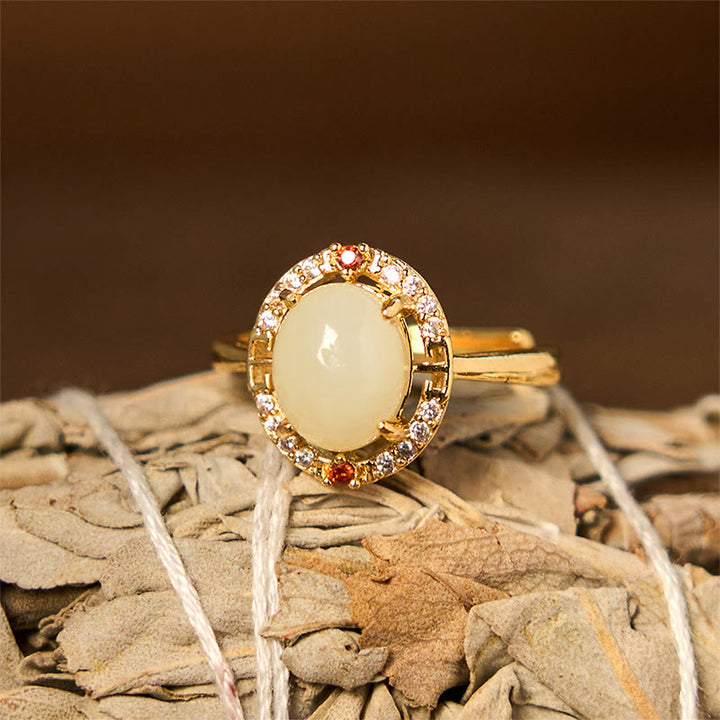 Anello portafortuna aperto in rame con zirconia naturale in giada Hetian Buddha Stones