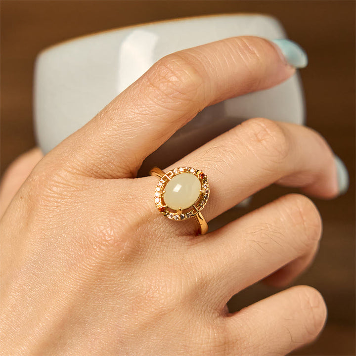 Anello portafortuna aperto in rame con zirconia naturale in giada Hetian Buddha Stones