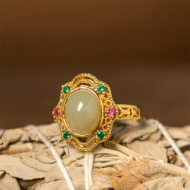Anello portafortuna aperto in rame con motivo cavo a uovo in giada naturale Hetian Buddha Stones