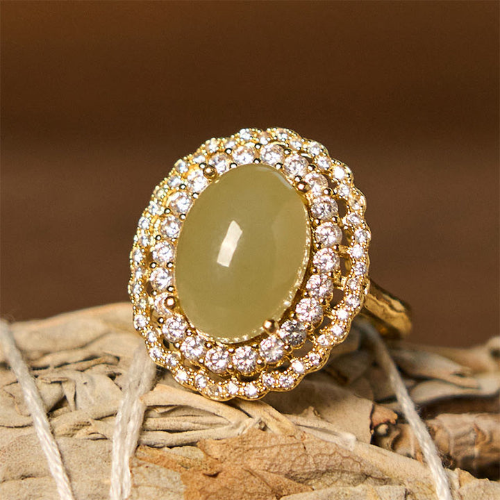 Anello Buddha Stones Natural Hetian Jade Egg Hollow Double Circle Zirconia Rame Aperto Abbondanza