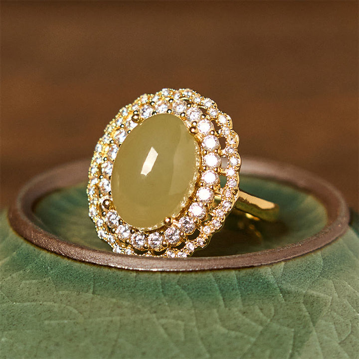 Anello Buddha Stones Natural Hetian Jade Egg Hollow Double Circle Zirconia Rame Aperto Abbondanza