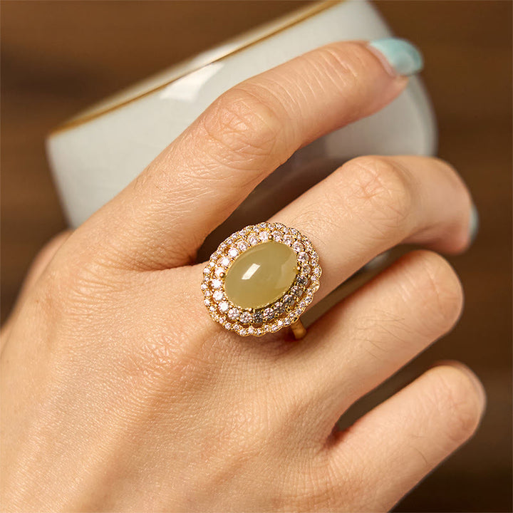 Anello Buddha Stones Natural Hetian Jade Egg Hollow Double Circle Zirconia Rame Aperto Abbondanza