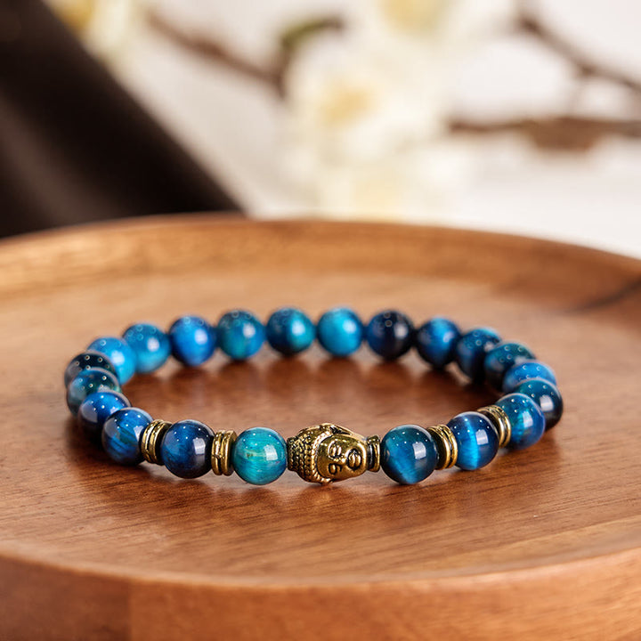 Braccialetto di equilibrio con testa di Buddha in occhio di tigre blu verde rosso Buddha Stones