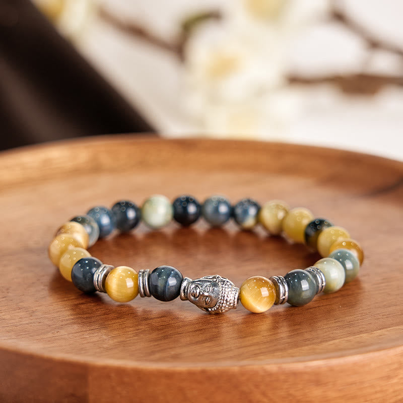 Braccialetto di equilibrio con testa di Buddha in occhio di tigre blu verde rosso Buddha Stones