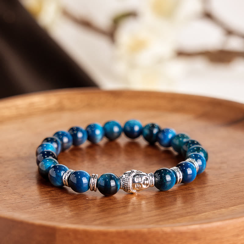 Braccialetto di equilibrio con testa di Buddha in occhio di tigre blu verde rosso Buddha Stones