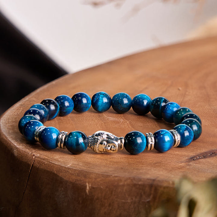 Braccialetto di equilibrio con testa di Buddha in occhio di tigre blu verde rosso Buddha Stones