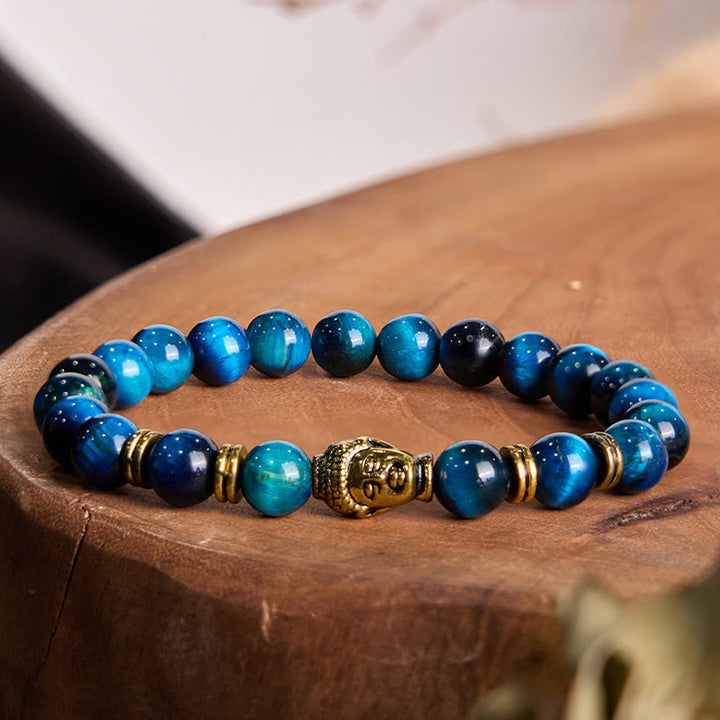 Braccialetto di equilibrio con testa di Buddha in occhio di tigre blu verde rosso Buddha Stones