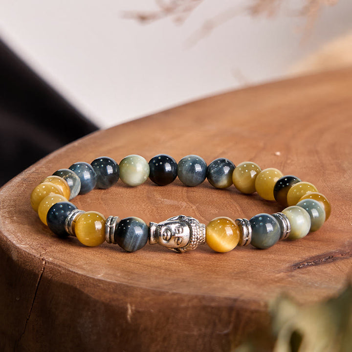 Braccialetto di equilibrio con testa di Buddha in occhio di tigre blu verde rosso Buddha Stones