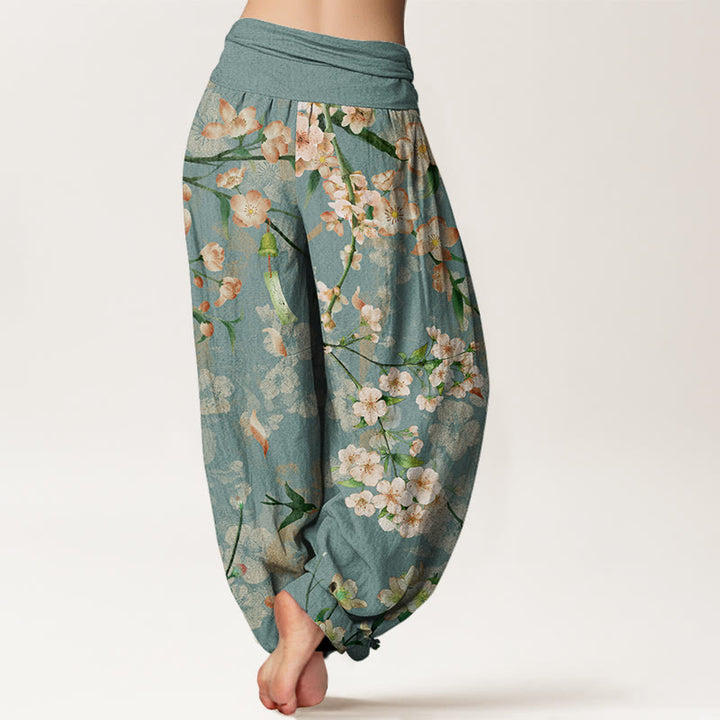 Pantaloni harem da donna con elastico in vita e motivo Buddha Stones in cotone con fiori di pesco e oche volanti - image 2