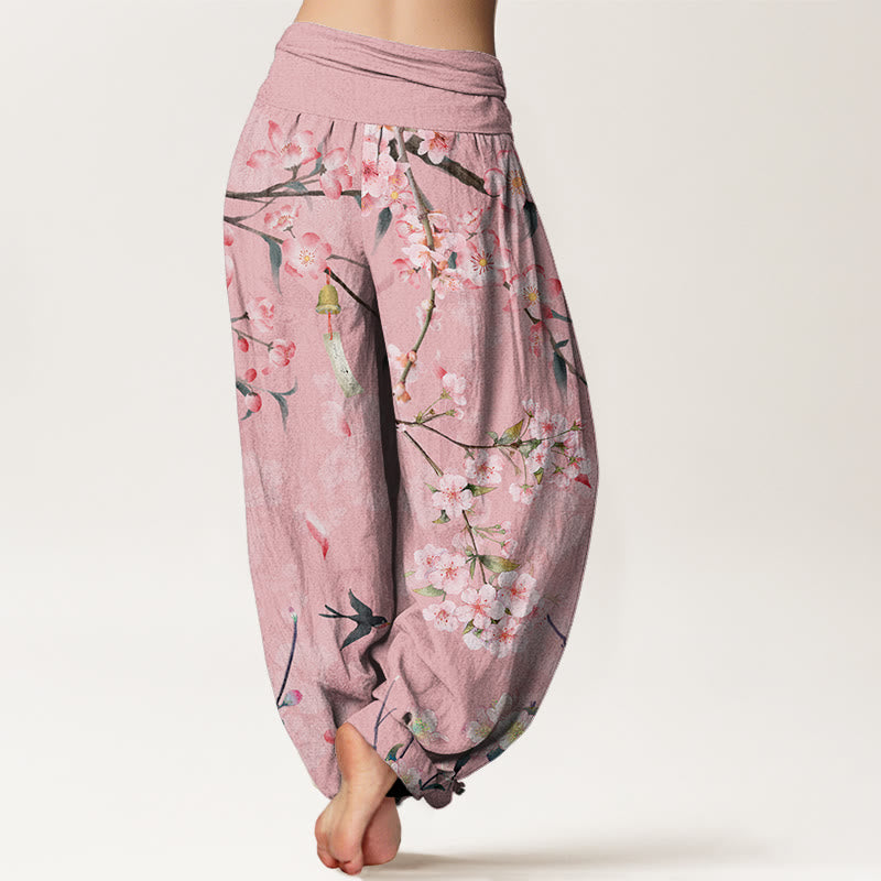 Pantaloni harem da donna con elastico in vita e motivo Buddha Stones in cotone con fiori di pesco e oche volanti - image 6