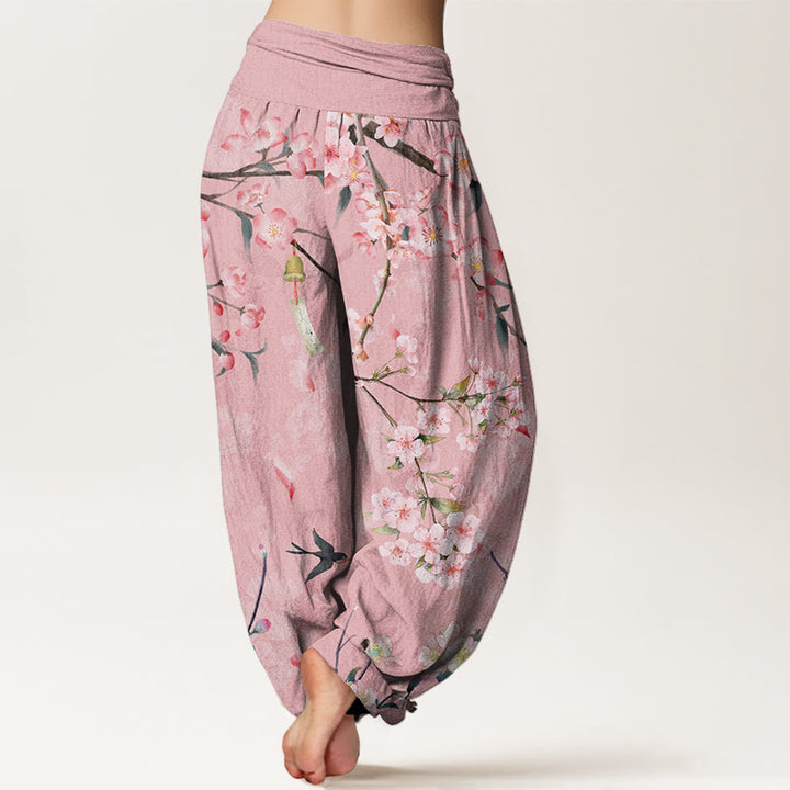 Pantaloni harem da donna con elastico in vita e motivo Buddha Stones in cotone con fiori di pesco e oche volanti - image 6
