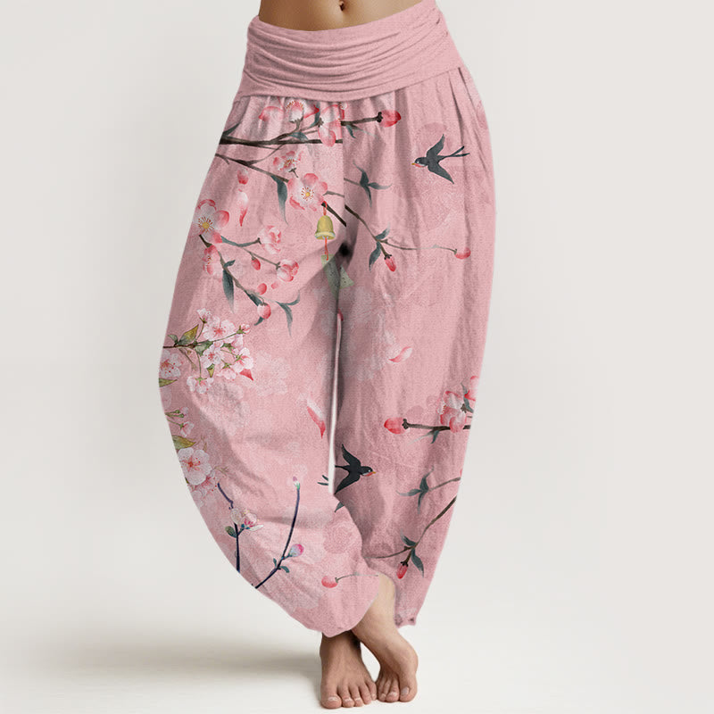 Pantaloni harem da donna con elastico in vita e motivo Buddha Stones in cotone con fiori di pesco e oche volanti - Rosa - US22, UK/AU26, EU54 (6XL) - image 4
