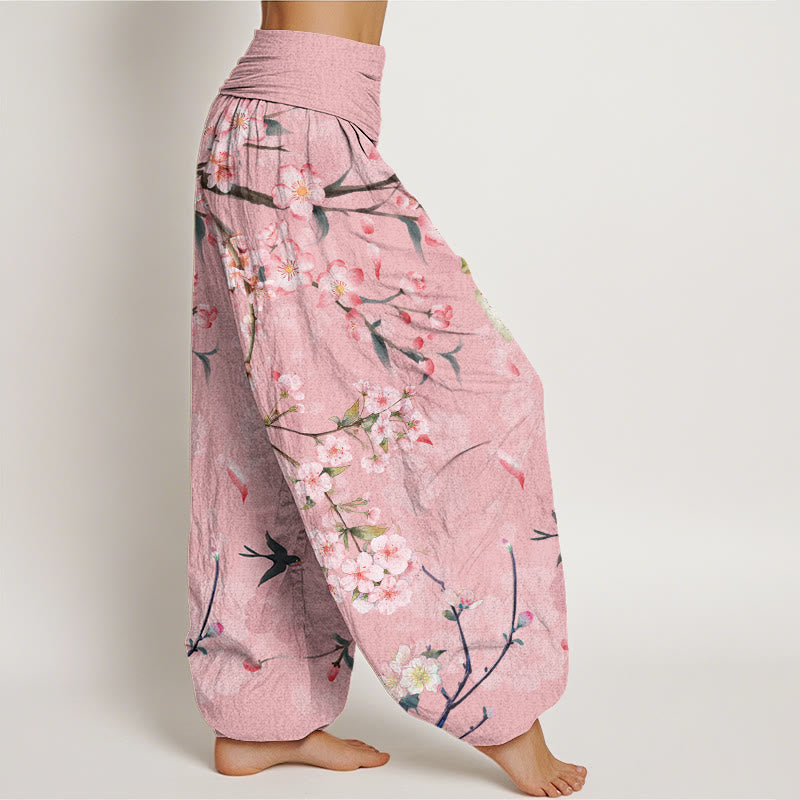 Pantaloni harem da donna con elastico in vita e motivo Buddha Stones in cotone con fiori di pesco e oche volanti - image 5