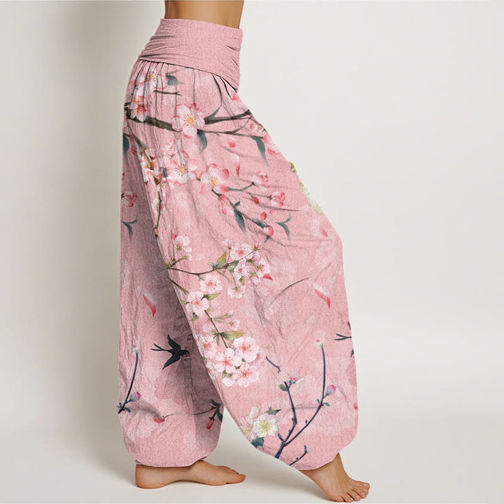 Pantaloni harem da donna con elastico in vita e motivo Buddha Stones in cotone con fiori di pesco e oche volanti - image 5