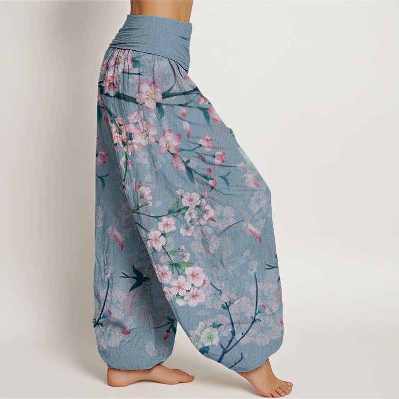 Pantaloni harem da donna con elastico in vita e motivo Buddha Stones in cotone con fiori di pesco e oche volanti - image 8