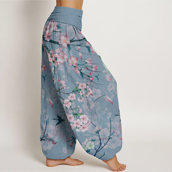 Pantaloni harem da donna con elastico in vita e motivo Buddha Stones in cotone con fiori di pesco e oche volanti - image 8