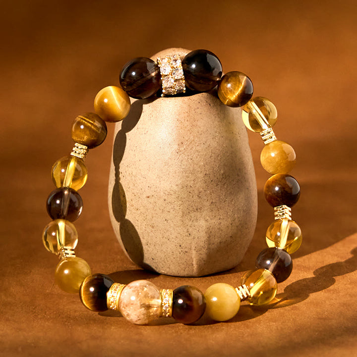 Braccialetto della felicità Buddha Stones, citrino, topazio, quarzo fumé e occhio di tigre