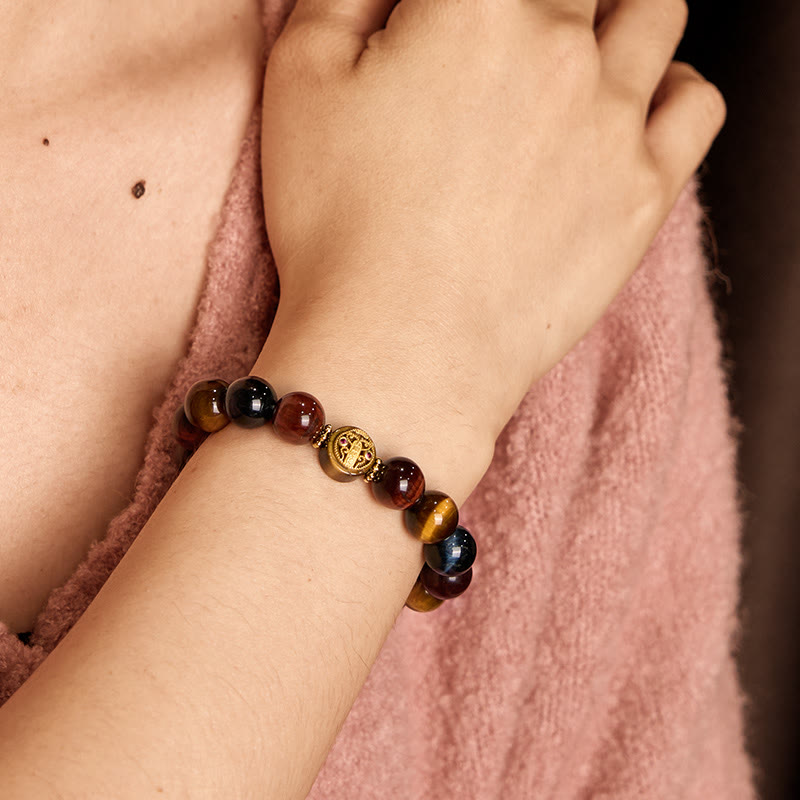Braccialetto di protezione e coraggio con perline di pietra occhio di tigre e pietre Buddha Stones