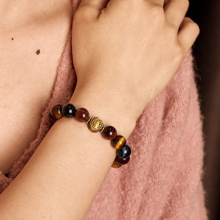 Braccialetto di protezione e coraggio con perline di pietra occhio di tigre e pietre Buddha Stones