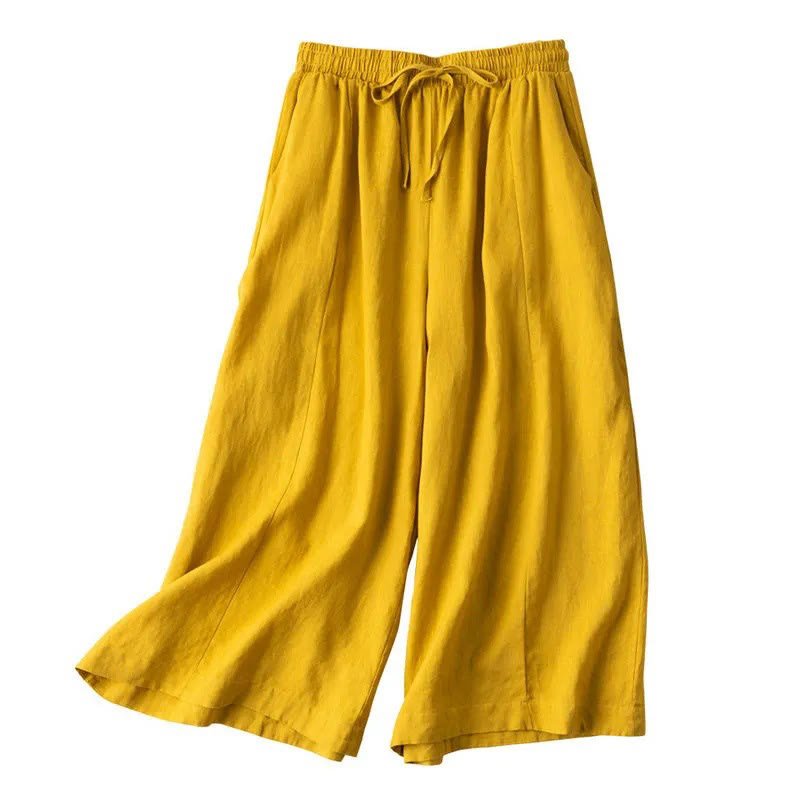 Pantaloni corti Buddha Stones tinta unita in cotone e lino con tasche, gamba larga da donna