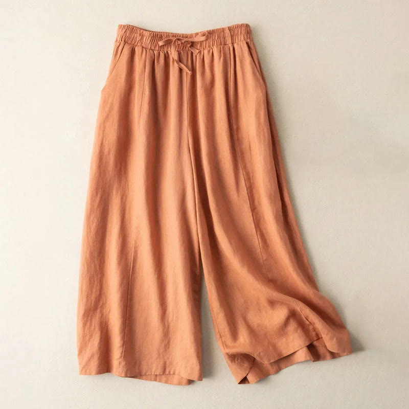 Pantaloni corti Buddha Stones tinta unita in cotone e lino con tasche, gamba larga da donna