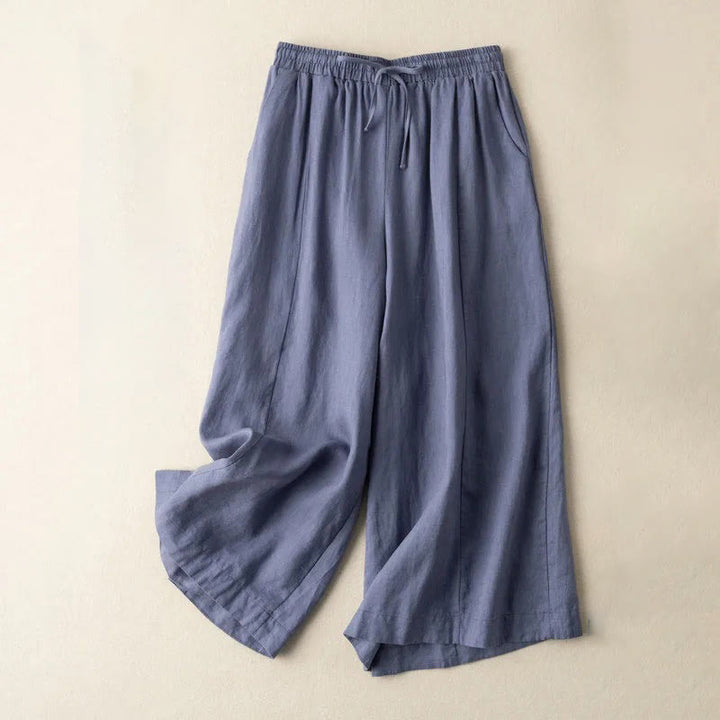 Pantaloni corti Buddha Stones tinta unita in cotone e lino con tasche, gamba larga da donna