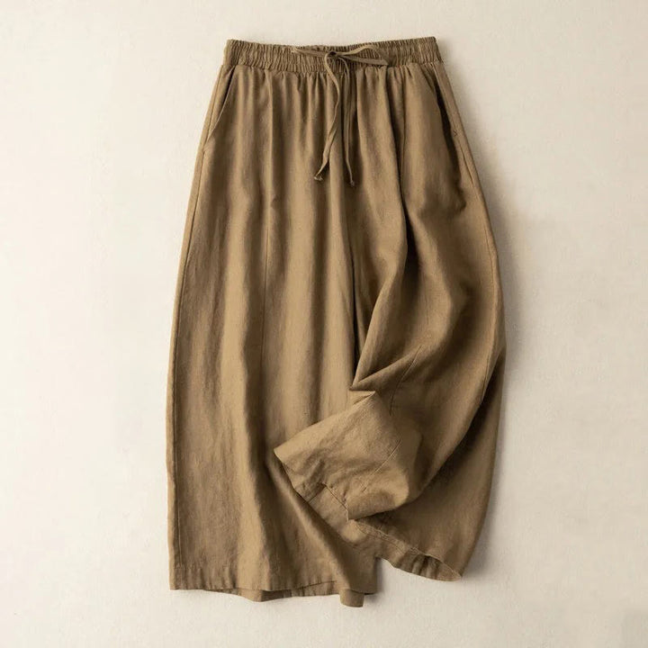 Pantaloni corti Buddha Stones tinta unita in cotone e lino con tasche, gamba larga da donna
