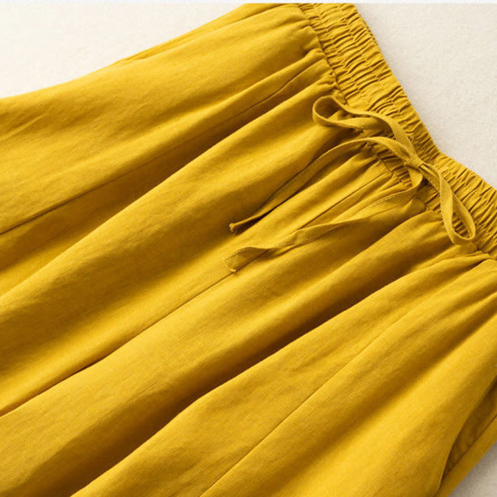 Pantaloni corti Buddha Stones tinta unita in cotone e lino con tasche, gamba larga da donna