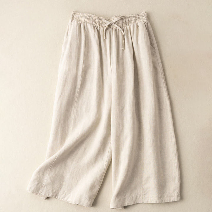 Pantaloni corti Buddha Stones tinta unita in cotone e lino con tasche, gamba larga da donna