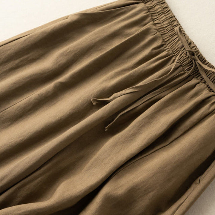 Pantaloni corti Buddha Stones tinta unita in cotone e lino con tasche, gamba larga da donna