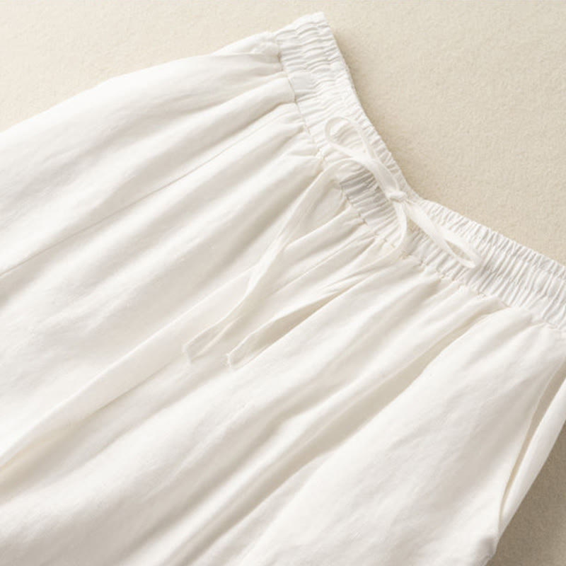 Pantaloni corti Buddha Stones tinta unita in cotone e lino con tasche, gamba larga da donna